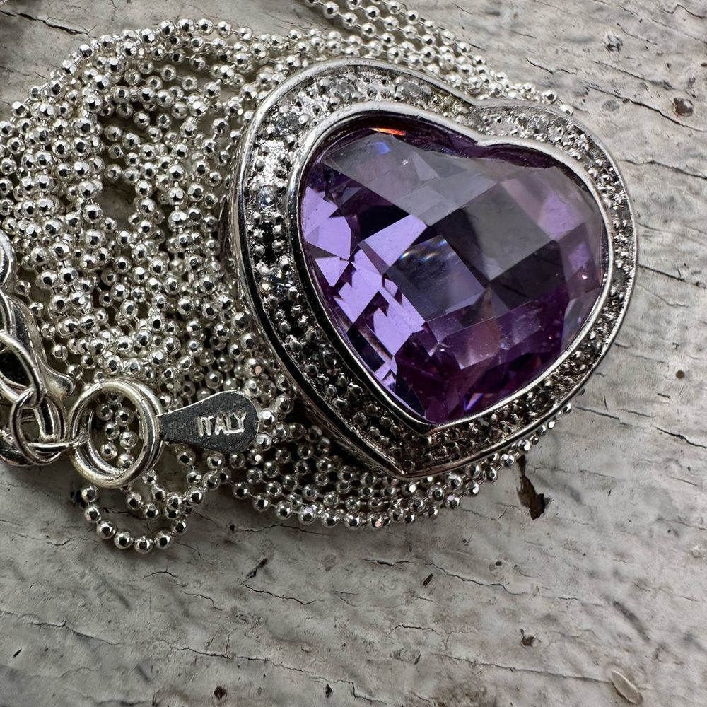 Vintage Italian 925 Sterling Purple Heart CZ Necklace - Picture 9 of 11